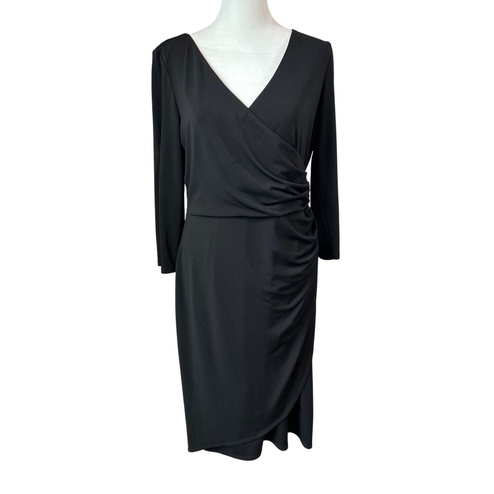 White House Black Market Black Faux Wrap Ruched V-Neck Dress Size 10 Long Sleeve